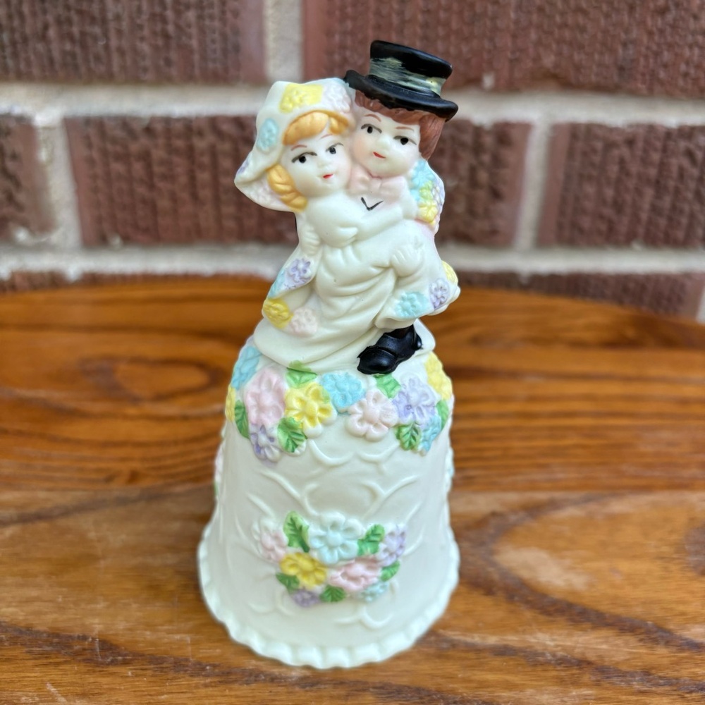 Porcelain Bride Groom Children Bell Wedding Anniversary Cake Topper